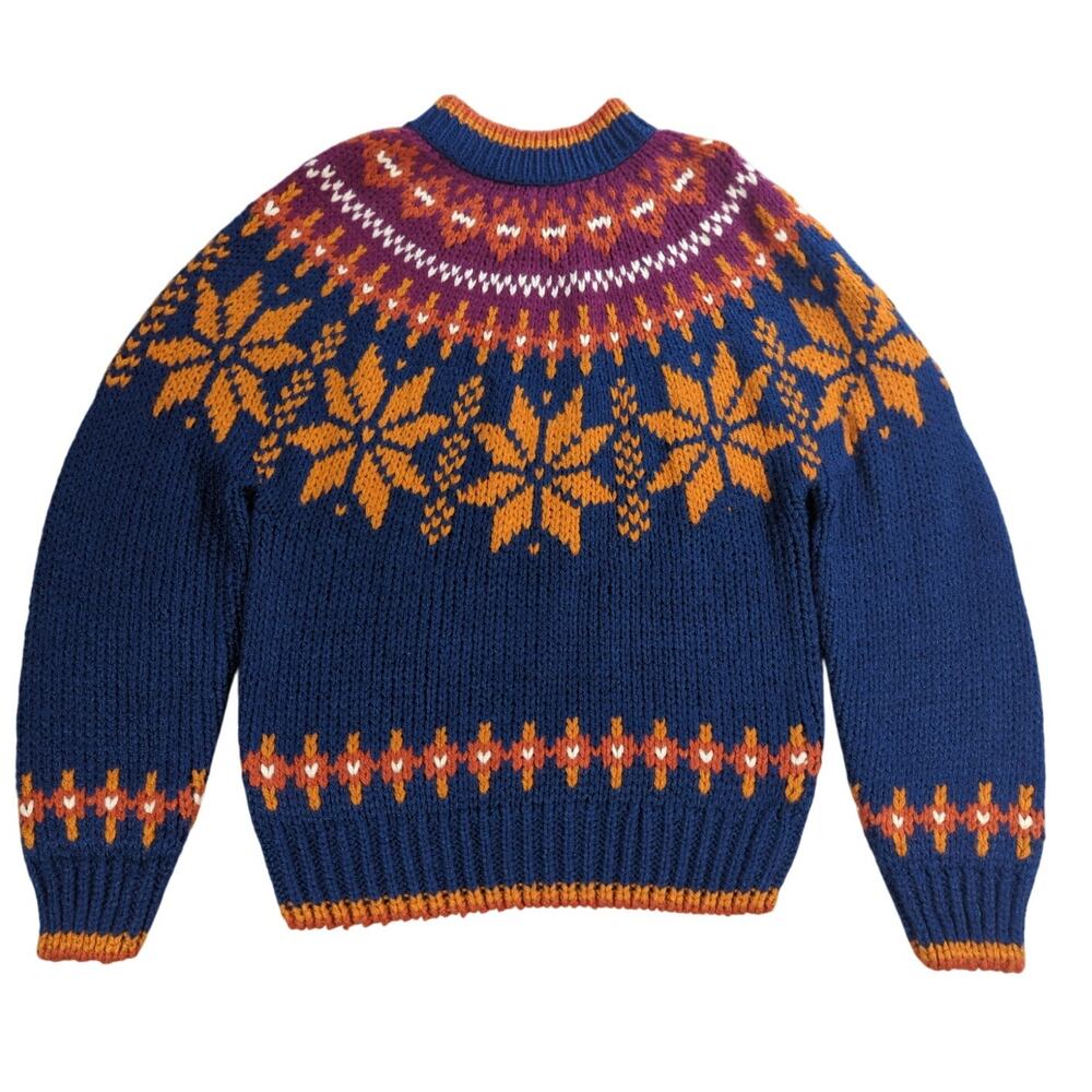 VTG Bravo Nordic Sweater Womens S Blue Orange Fair Isle Knit Made in Korea